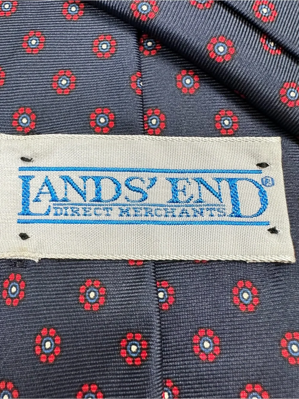 Lands End 100% Silk Tie Navy Red Floral Medallion Preppy Made USA